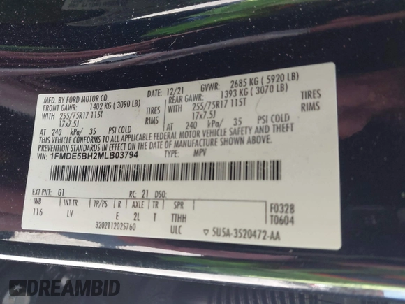 2021 Ford Bronco с VIN 1FMDE5BH2MLB03794, выставлен на аукционе IAAI как лот 42180534 с пробегом 59 807 миль миль и . История ставок и продаж доступна на DreamBid. Изображение 9.