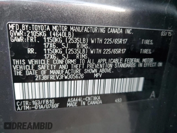 2015 Toyota RAV4 LE with VIN 2T3BFREV3FW305626, listed as a Copart auction lot 88966985 with 128,913 mi miles and Salvage Title. Bid and sale history available at carsss.com. Image 14.