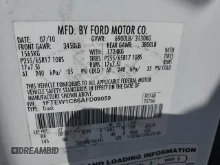 2010 Ford F-150 XL with VIN 1FTEW1C86AFD09059, listed as a Copart auction lot 52771675 with 292,096 mi miles and Salvage Title. Bid and sale history available at carsss.com. Image 14.