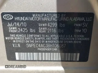 2011 Hyundai Sonata Limited with VIN 5NPEC4AC3BH106087, listed as a IAAI auction lot 42210979 with 199,388 mi miles and . Bid and sale history available at DreamBid. Image 9.