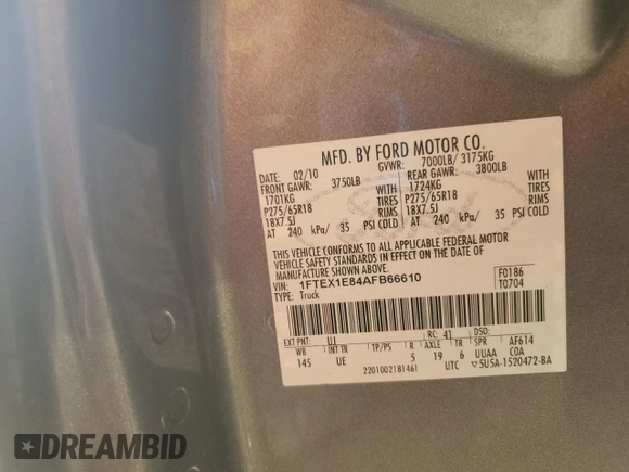 2010 Ford F-150 XL с VIN 1FTEX1E84AFB66610, выставлен на аукционе Copart как лот 60037295 с пробегом 268 402 миль миль и На запчасти • Non repairable. История ставок и продаж доступна на DreamBid. Изображение 12.