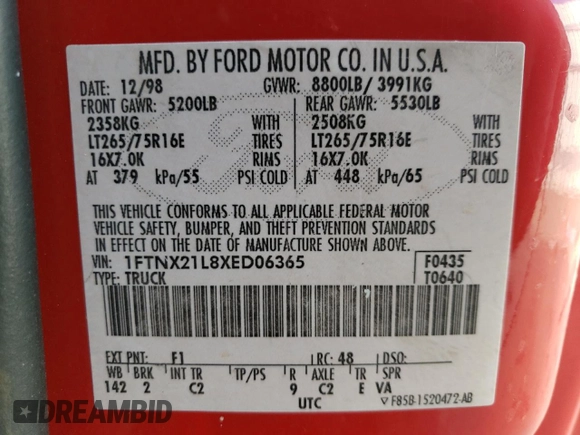 1999 Ford F-250 XL with VIN 1FTNX21L8XED06365, listed as a Copart auction lot 41527465 with 232,866 mi miles and Salvage title. Bid and sale history available at DreamBid. Image 12.