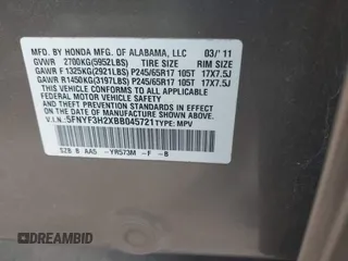 2011 Honda Pilot LX with VIN 5FNYF3H2XBB045721, listed as a IAAI auction lot 42791364 with 149,258 mi miles and . Bid and sale history available at DreamBid. Image 9.