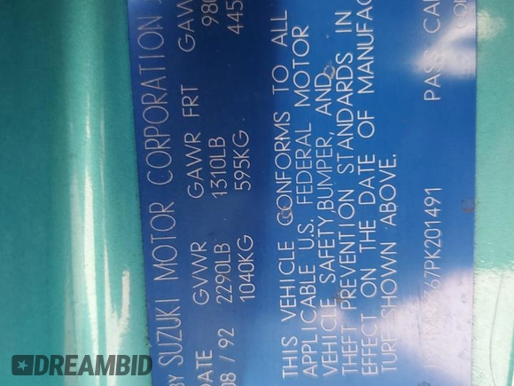 1993 Geo Metro z VIN JG1MR3367PK201491, wystawiony jako Copart lot #41543565 z przebiegiem 61 829 mil mil oraz Tytuł czysty. Historia ofert i sprzedaży dostępna na DreamBid. Obrazek 12.