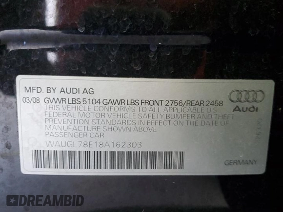 2008 Audi S4 z VIN WAUGL78E18A162303, wystawiony jako Copart lot #56347265 z przebiegiem 56 011 mil mil oraz Szkoda całkowita • Salvage title. Historia ofert i sprzedaży dostępna na DreamBid. Obrazek 12.