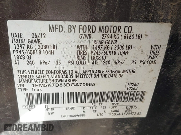 2013 Ford Explorer XLT with VIN 1FM5K7D83DGA70965, listed as a IAAI auction lot 41774189 with 159,032 mi miles. Bid and sale history available at carsss.com. Image 9.