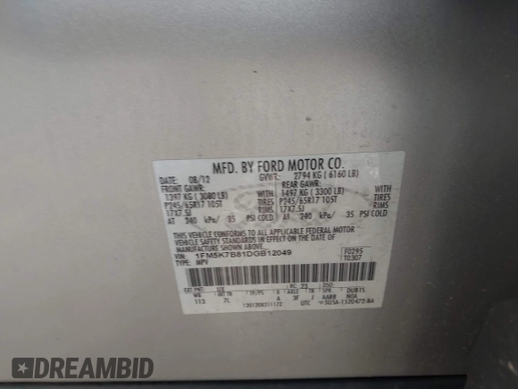 2013 Ford Explorer с VIN 1FM5K7B81DGB12049, выставлен на аукционе IAAI как лот 42487606 с пробегом 233 348 миль миль и . История ставок и продаж доступна на DreamBid. Изображение 9.