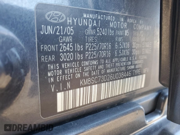 2006 Hyundai Santa Fe GLS with VIN KM8SC73D26U038446, listed as a Copart auction lot 84503654 with 181,717 mi miles and Salvage Title. Bid and sale history available at carsss.com. Image 13.