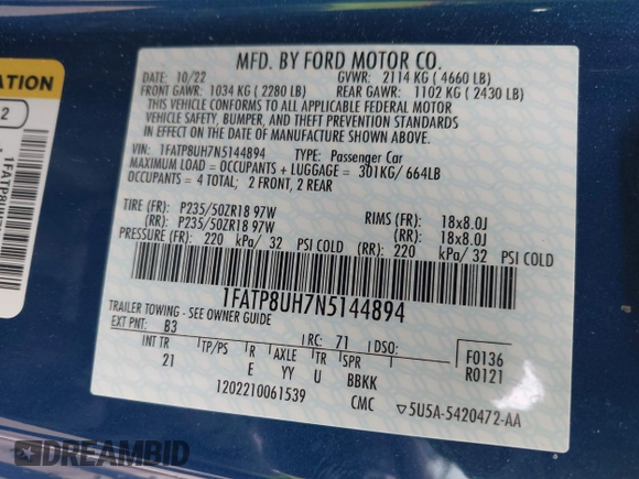 2022 Ford Mustang EcoBoost z VIN 1FATP8UH7N5144894, wystawiony jako IAAI lot #42173373 z przebiegiem 12 066 mil mil oraz . Historia ofert i sprzedaży dostępna na DreamBid. Obrazek 9.