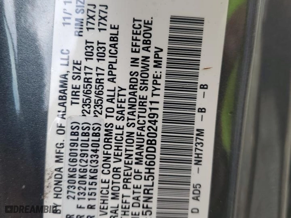 2013 Honda Odyssey EX-L with VIN 5FNRL5H60DB024911, listed as a Copart auction lot 48499285 with 0 mi miles and Salvage Title. Bid and sale history available at carsss.com. Image 13.
