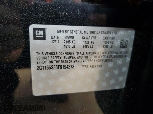 2015 Chevrolet Impala LTZ with VIN 2G1165S36F9194273, listed as a Copart auction lot 53735905 with 92,696 mi miles and Salvage Title. Bid and sale history available at DreamBid. Image 12.