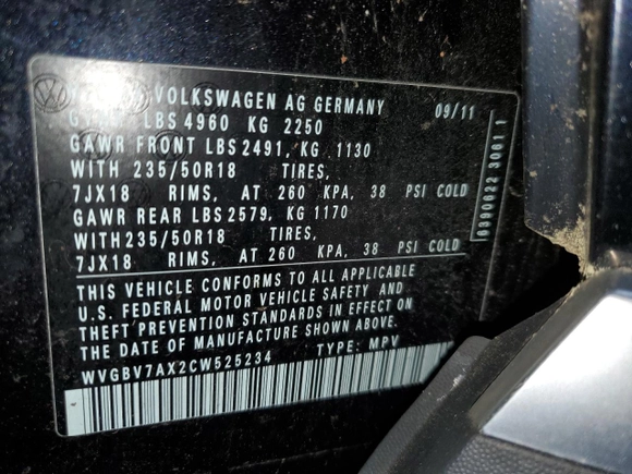 2012 Volkswagen Tiguan SE with VIN WVGBV7AX2CW525234, listed as a Copart auction lot 61307915 with 123,938 mi miles and Clean title. Bid and sale history available at DreamBid. Image 13.