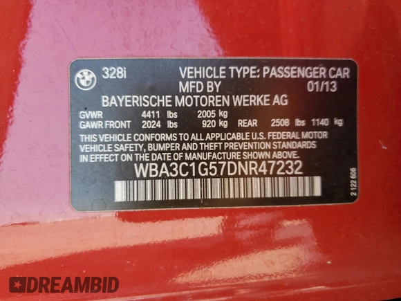 2013 BMW 3 Series 328i with VIN WBA3C1G57DNR47232, listed as a Copart auction lot 52994145 with 103,929 mi miles and Salvage Title. Bid and sale history available at carsss.com. Image 13.
