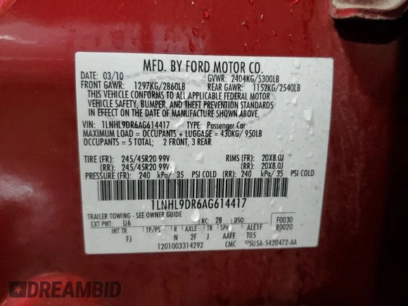 2010 Lincoln MKS z VIN 1LNHL9DR6AG614417, wystawiony jako Copart lot #54328705 z przebiegiem 124 443 mil mil oraz Szkoda całkowita • Salvage title. Historia ofert i sprzedaży dostępna na DreamBid. Obrazek 12.