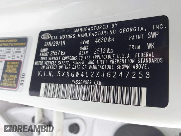 2018 Kia Optima SX with VIN 5XXGW4L2XJG247253, listed as a IAAI auction lot 42236935 with 40,737 mi miles and . Bid and sale history available at DreamBid. Image 9.