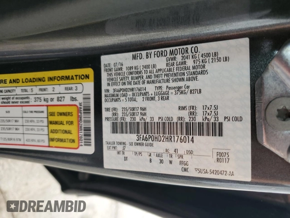 2017 Ford Fusion SE with VIN 3FA6P0HD2HR176014, listed as a Copart auction lot 63339165 with 134,303 mi miles and Clean title. Bid and sale history available at DreamBid. Image 12.