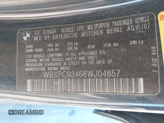 2008 BMW X3 3.0si with VIN WBXPC93468WJ04657, listed as a IAAI auction lot 42694912 with 190,925 mi miles and . Bid and sale history available at DreamBid. Image 9.