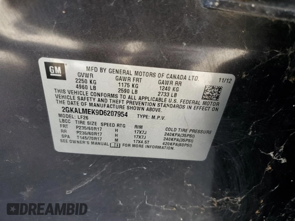 2013 GMC Terrain SLE with VIN 2GKALMEK9D6207954, listed as a Copart auction lot 48204885 with 141,349 mi miles and Salvage Title. Bid and sale history available at DreamBid. Image 12.