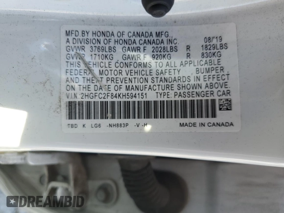 2019 Honda Civic Sport with VIN 2HGFC2F84KH594151, listed as a Copart auction lot 49927085 with 54,688 mi miles and Salvage Title. Bid and sale history available at DreamBid. Image 15.