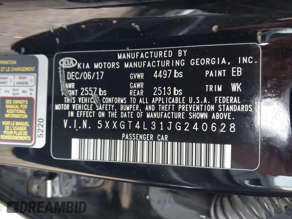 2018 Kia Optima LX with VIN 5XXGT4L31JG240628, listed as a IAAI auction lot 42005706 with 84,418 mi miles and . Bid and sale history available at carsss.com. Image 9.
