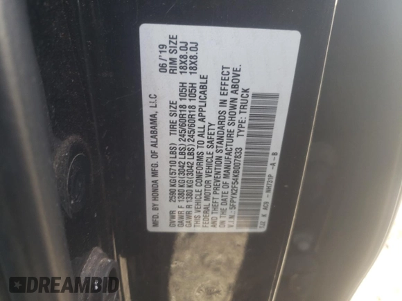 2019 Honda Ridgeline RTL with VIN 5FPYK2F54KB007833, listed as a Copart auction lot 79132174 with 104,690 mi miles and Non repairable. Bid and sale history available at DreamBid. Image 12.