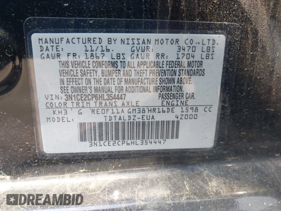 2017 Nissan Note S Plus with VIN 3N1CE2CP6HL354447, listed as a IAAI auction lot 42468988 with 21,260 mi miles and . Bid and sale history available at DreamBid. Image 9.