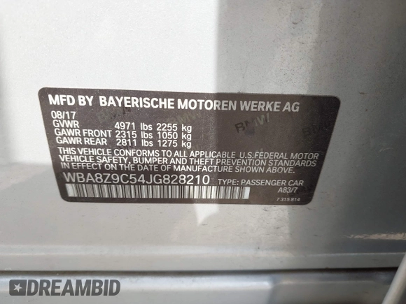 2018 BMW 3 Series 330i xDrive with VIN WBA8Z9C54JG828210, listed as a IAAI auction lot 42468521 with 72,741 mi miles and . Bid and sale history available at DreamBid. Image 9.