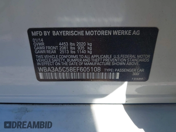 2014 BMW 3 Series 328i with VIN WBA3A5C58EF605108, listed as a IAAI auction lot 42129770 with 169,924 mi miles and . Bid and sale history available at DreamBid. Image 9.