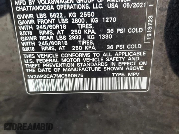 2021 Volkswagen Atlas S с VIN 1V2AP2CA7MC590975, выставлен на аукционе Copart как лот 77007664 с пробегом 107 088 миль миль и Чистый • Clean title. История ставок и продаж доступна на DreamBid. Изображение 15.