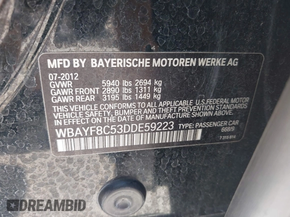 2013 BMW 7 Series 750Li xDrive with VIN WBAYF8C53DDE59223, listed as a IAAI auction lot 42602724 with 145,058 mi miles and . Bid and sale history available at DreamBid. Image 9.