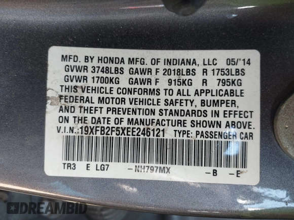 2014 Honda Civic Sedan LX with VIN 19XFB2F5XEE246121, listed as a IAAI auction lot 41997902 with 134,684 mi miles. Bid and sale history available at carsss.com. Image 9.