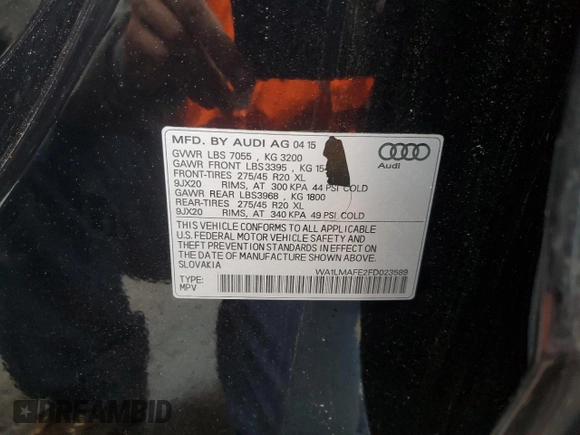 2015 Audi Q7 Premium Plus with VIN WA1LMAFE2FD023589, listed as a Copart auction lot 59329875 with 103,365 mi miles and Salvage title. Bid and sale history available at DreamBid. Image 13.