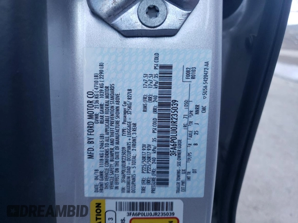 2018 Ford Fusion Hybrid SE with VIN 3FA6P0LU0JR235039, listed as a Copart auction lot 40103613 with 83,129 mi miles. Bid and sale history available at carsss.com. Image 12.