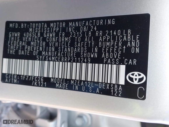 2024 Toyota Corolla SE with VIN 5YFS4MCE8RP211249, listed as a IAAI auction lot 41402357 with 10,088 mi miles. Bid and sale history available at carsss.com. Image 9.