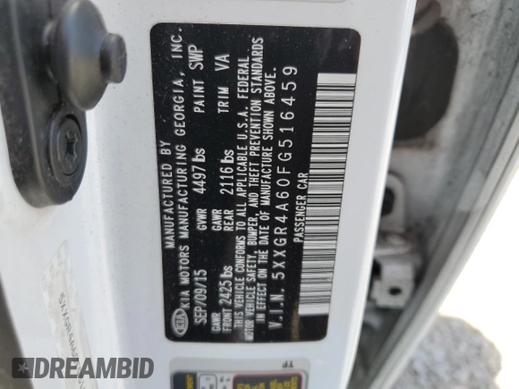 2015 Kia Optima SX Turbo with VIN 5XXGR4A60FG516459, listed as a Copart auction lot 54153155 with 66,643 mi miles and Salvage Title. Bid and sale history available at carsss.com. Image 12.