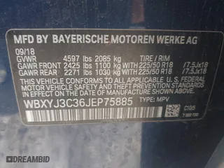 2018 BMW X2 sDrive28i with VIN WBXYJ3C36JEP75885, listed as a IAAI auction lot 41503551 with 136,671 mi miles. Bid and sale history available at carsss.com. Image 9.