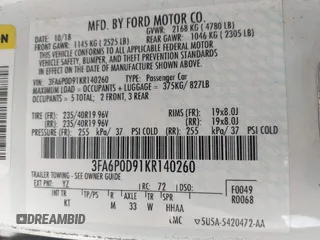 2019 Ford Fusion Titanium with VIN 3FA6P0D91KR140260, listed as a IAAI auction lot 41931629 with 95,207 mi miles. Bid and sale history available at carsss.com. Image 9.