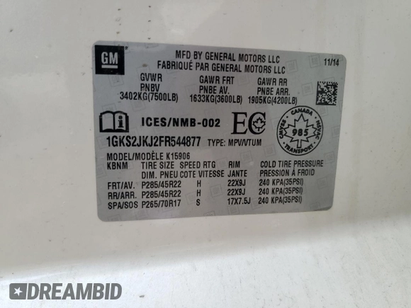 2015 GMC Yukon XL Denali with VIN 1GKS2JKJ2FR544877, listed as a Copart auction lot 53402665 with 0 mi miles and Clean Title. Bid and sale history available at carsss.com. Image 13.