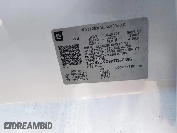 2019 GMC Yukon SLT with VIN 1GKS2BKC9KR166896, listed as a IAAI auction lot 41429865 with 165,174 mi miles. Bid and sale history available at carsss.com. Image 9.