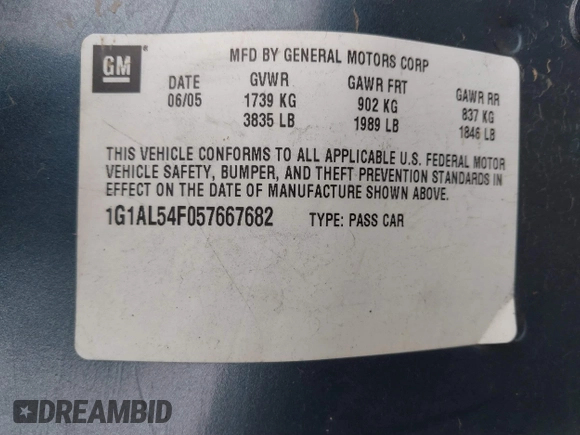 2005 Chevrolet Cobalt LS with VIN 1G1AL54F057667682, listed as a IAAI auction lot 41890878 with 248,608 mi miles and . Bid and sale history available at DreamBid. Image 9.