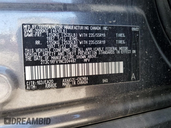 2022 Toyota RAV4 XLE Premium with VIN 2T3C1RFV1NC204487, listed as a Copart auction lot 86900914 with 32,679 mi miles and Salvage title. Bid and sale history available at DreamBid. Image 12.