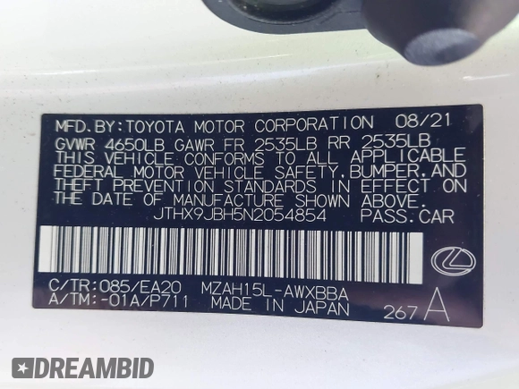 2022 Lexus UX 250h with VIN JTHX9JBH5N2054854, listed as a IAAI auction lot 42009922 with 57,944 mi miles and . Bid and sale history available at DreamBid. Image 9.
