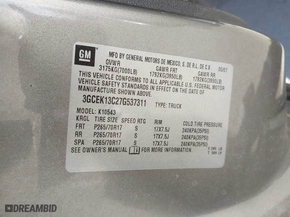 2007 Chevrolet Silverado 1500 LT w/1LT with VIN 3GCEK13C27G537311, listed as a IAAI auction lot 41559010 with 127,104 mi miles. Bid and sale history available at carsss.com. Image 9.