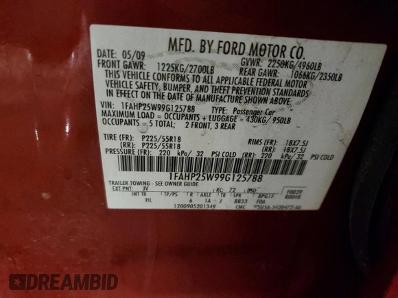 2009 Ford Taurus Limited with VIN 1FAHP25W99G125788, listed as a Copart auction lot 46697675 with 151,555 mi miles and Salvage Title. Bid and sale history available at carsss.com. Image 14.