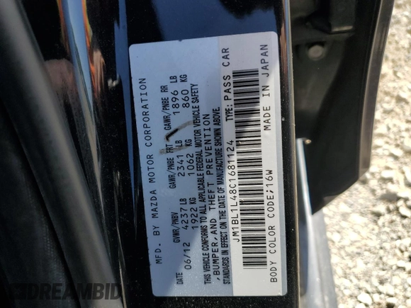 2012 Mazda 3 Mazdaspeed3 Touring with VIN JM1BL1L48C1681124, listed as a Copart auction lot 49603835 with 122,382 mi miles and Salvage Title. Bid and sale history available at DreamBid. Image 14.