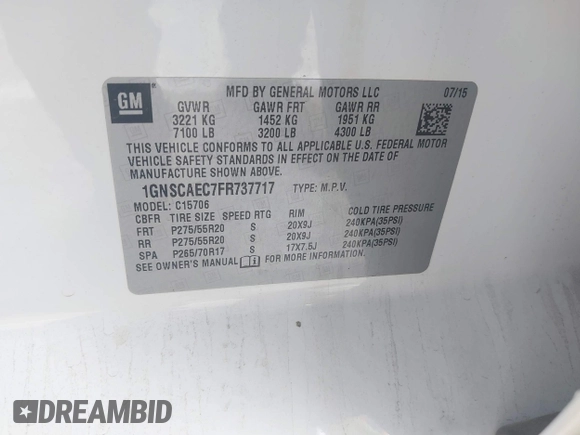 2015 Chevrolet Tahoe LS с VIN 1GNSCAEC7FR737717, выставлен на аукционе IAAI как лот 42110150 с пробегом 125 633 миль миль и . История ставок и продаж доступна на DreamBid. Изображение 9.