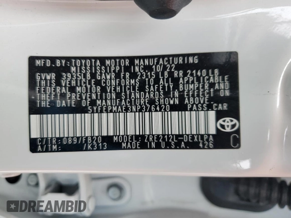 2022 Toyota Corolla LE with VIN 5YFEPMAE3NP376420, listed as a Copart auction lot 50387045 with 0 mi miles and Non Repairable. Bid and sale history available at carsss.com. Image 13.