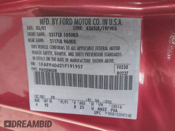 2001 Ford Mustang Standard with VIN 1FAFP40421F191957, listed as a IAAI auction lot 42005976 with 52,882 mi miles. Bid and sale history available at carsss.com. Image 9.