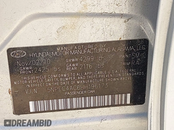 2011 Hyundai Sonata Limited with VIN 5NPEC4AC6BH196173, listed as a IAAI auction lot 41977273 with 118,860 mi miles and . Bid and sale history available at DreamBid. Image 9.