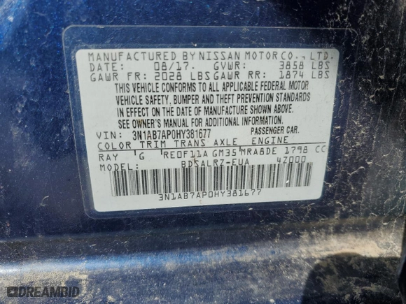 2017 Nissan Sentra SV with VIN 3N1AB7AP0HY381677, listed as a Copart auction lot 51139805 with 143,496 mi miles and Non Repairable. Bid and sale history available at carsss.com. Image 12.